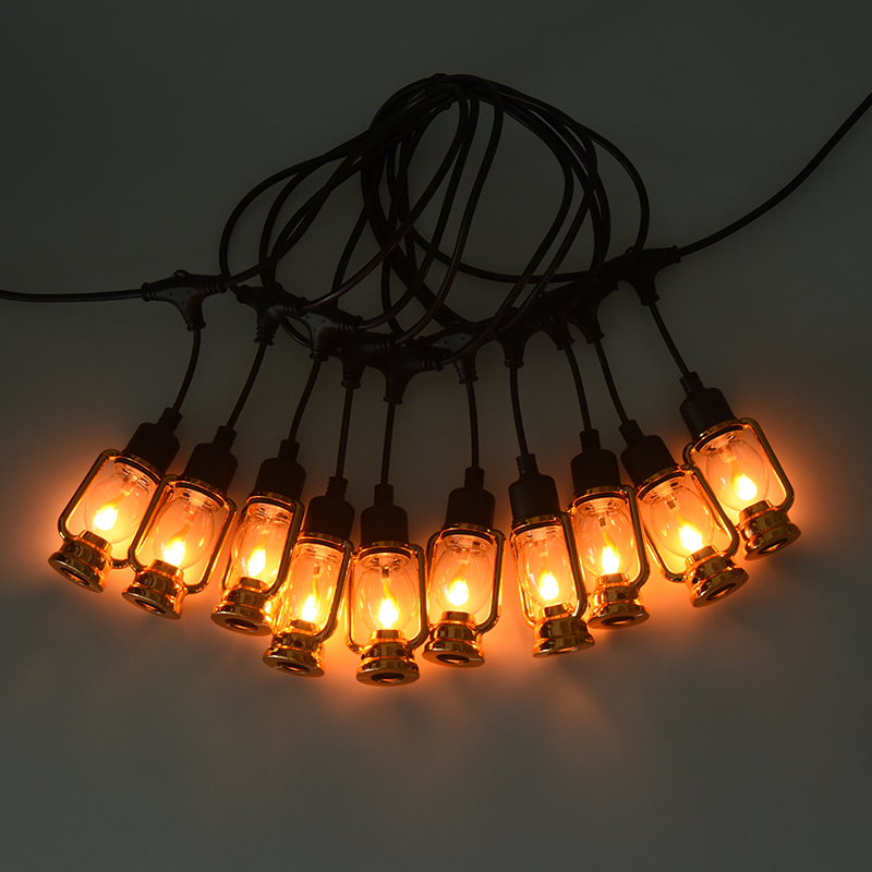 Snur de lumină cu flacără în stil lanternă de căruță de epocă (aurie, 5 metri 10 lumini)